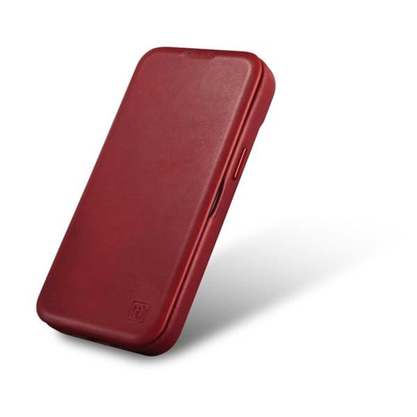 Högkvalitativt bordeaux läderfodral för iPhone 14 Plus med magnetisk lucka MagSafe och CE-certifiering.