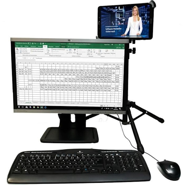 Universellt Stöd - System-S - iPad Pro 12,9 - Justerbar höjd 54-140 cm - 360° roterande skal - Trearmsstativ