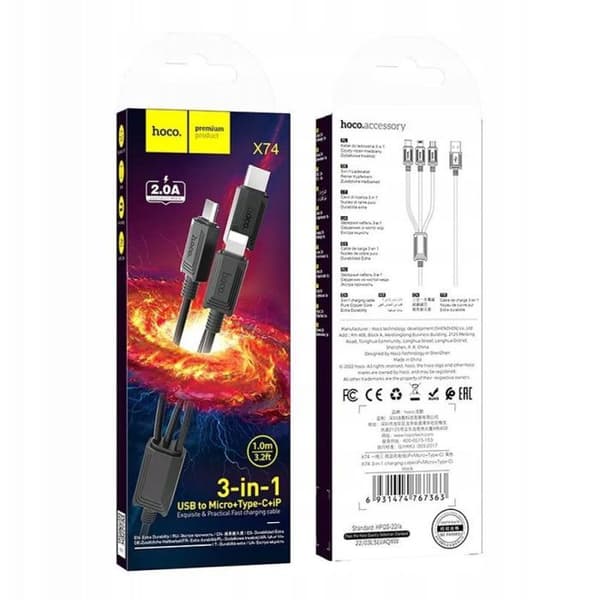 Laddkabel - HOCO - X74 - 3-i-1 Lightning/Micro USB/USB-C - 2A - 1 m Svart czarny