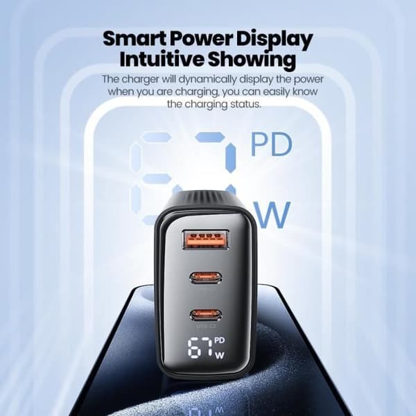 TOOCKI Laddare GaN 67W – 2x USB-C, 1x USB-A, Digital display, PD 3.0 QC4+