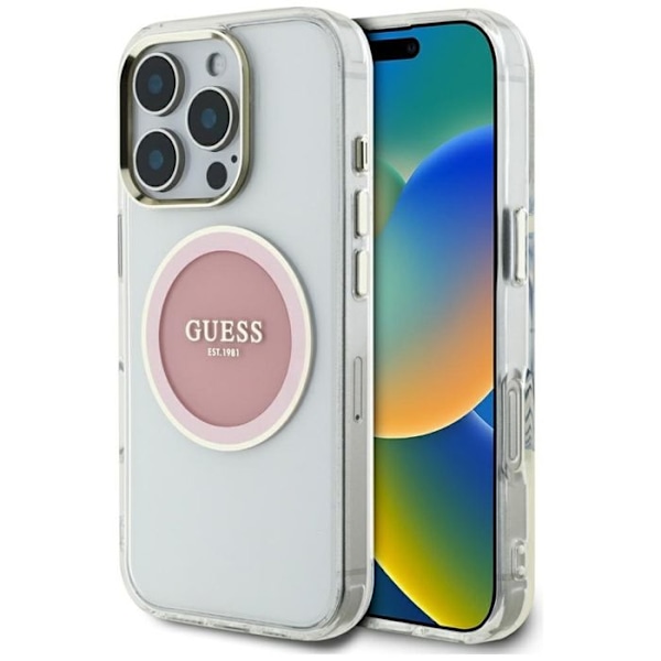 Coque Guess IML Metal Färgad Cirkel Klassiska Logotyp MagSafe för iPhone 16 Pro Max (rosa)