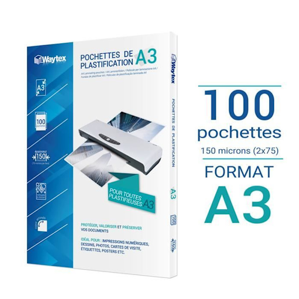 Lamineringspåsar 75 mikron per sida - A3-format - Paket med 100 st