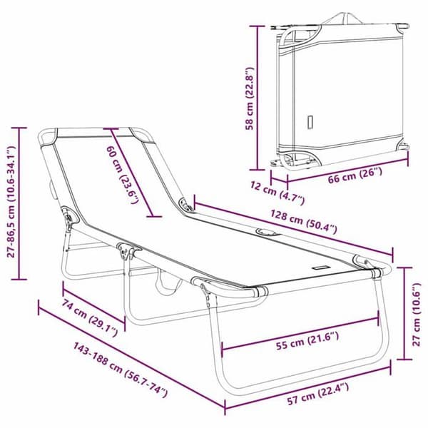 Fällbar solstol - vidaXL - Svart - 188x57x86,5 cm - Polyester - Stålram - Justerbart ryggstöd - Fällbar