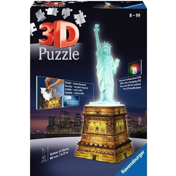 3D Pussel Frihetsgudinnan upplyst - Ravensburger - Monument 108 bitar - utan lim - med färg LEDS - Från 8 år Flerfärgad