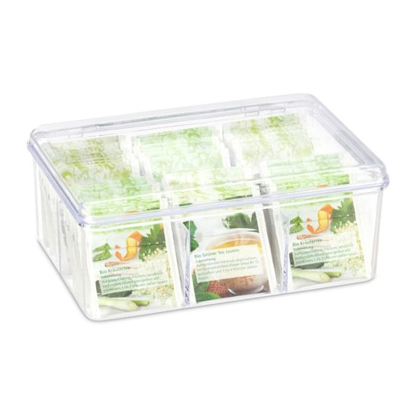 Relaxdays teask, ask, 90 tepåsar, lock, 6 fack, HxBxD: 9 x 21,5 x 14,5 cm, transparent transparent