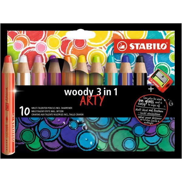 Kartong x 10 STABILO woody 3in1 ARTY multitalentpennor + 1 slipare Blandade färger