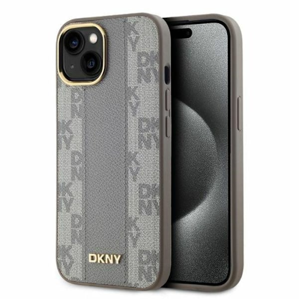 IPhone 15-fodral - DKNY läderrutigt mono-mönster MagSafe (DKHMP15SPCPVSLE) - Beige
