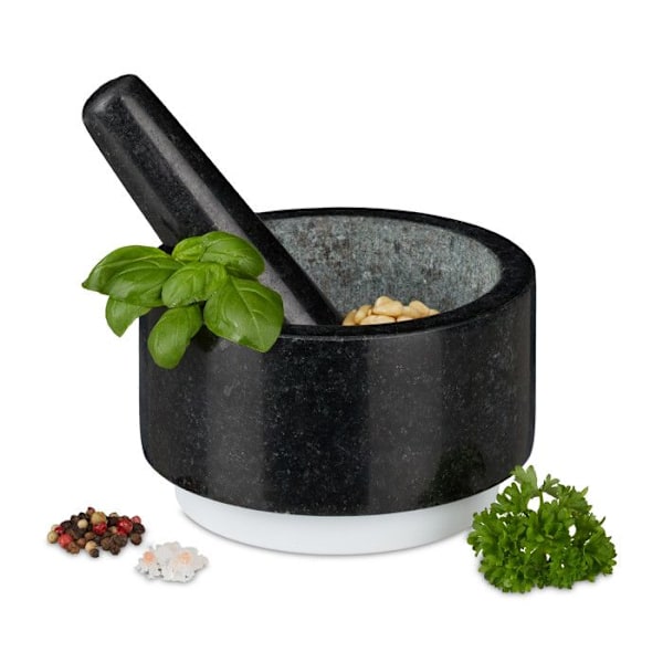 Relaxdays Mortel i granit med stöt, robust, kryddor, örter, halkfri, polerad sten, d. 14 cm, 400ml, grå/vit svart vit
