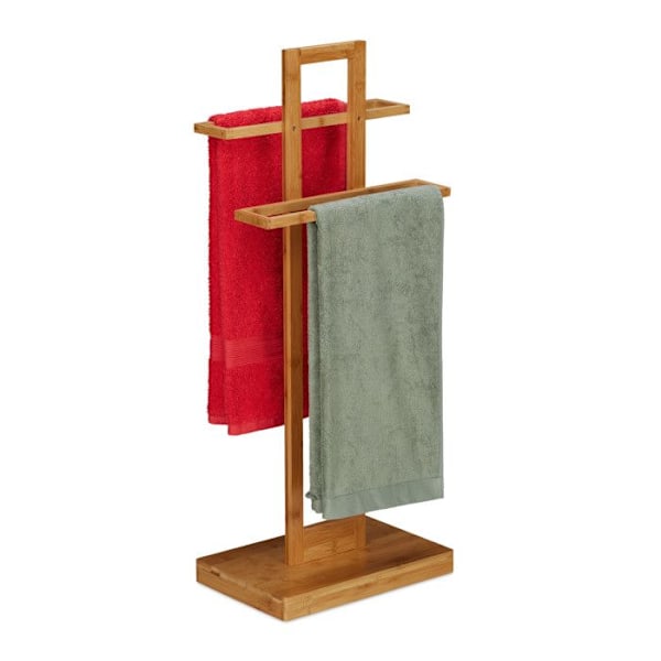 Relaxdays Fristående handdukshängare, bambuställning, 2 armar, badrum, robust, HxBxD 88 x 35,5 x 23,5 cm, natur ljusbrun