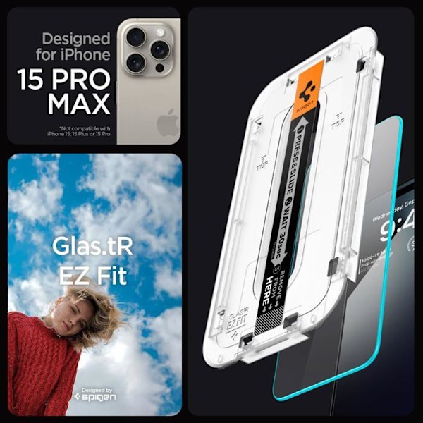 Spigen GLAS.tR EZ FIT HD Designad för iPhone 15 Pro Max Premium härdat skyddsglas Transparent