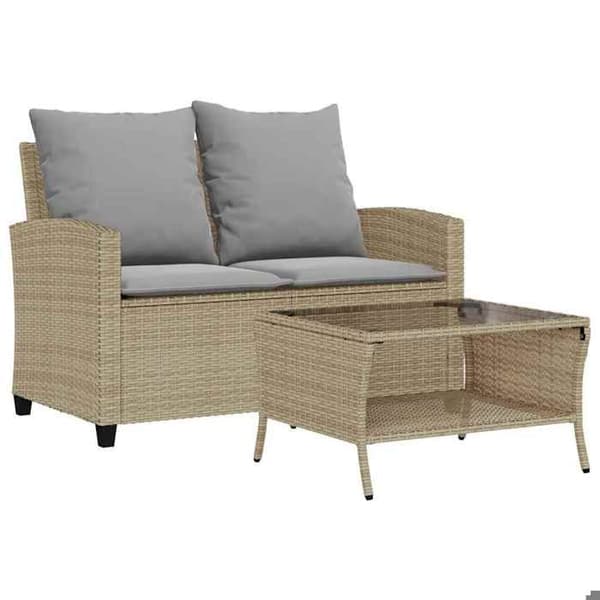 vidaXL Trädgårdssoffa 2-sits med kuddar och bord beige flätad resin 4103848
