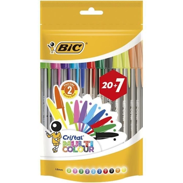 BIC Cristal 20+7 kulspetspenna, kulspetspenna, svart, blå, grön, orange, rosa, lila, röd, gul, flerfärgad, fet, metall, 1