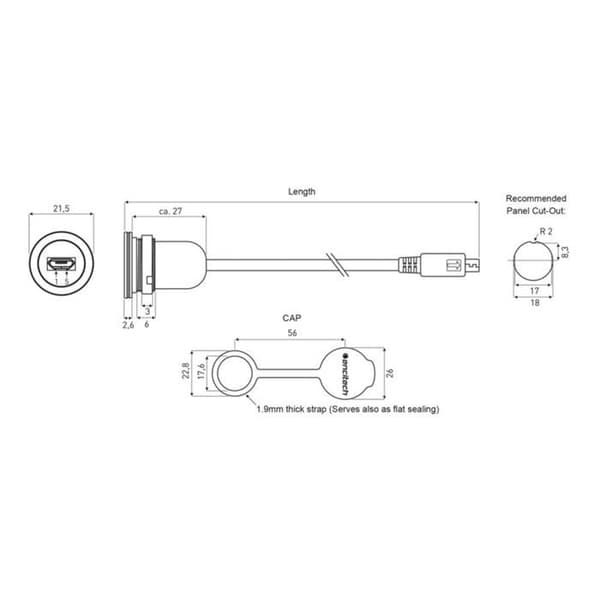 USB 2.0 hona Micro-B chassikontakt encitech 1310-1013-01 M16 1 st