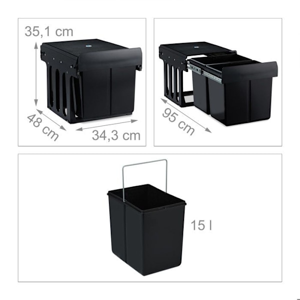 Relaxdays inbyggd skjutbar soptunna, 2 fack, sorteringssystem för under vask, 2x15l, 35,1 x 34,3 x 48 cm, svart svart