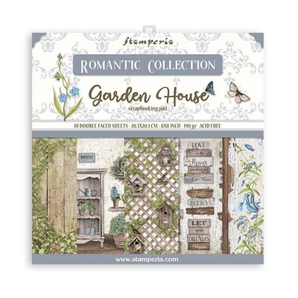 Set med 10 ark scrapbookingpapper 'Romantic Garden House' från Stamperia (20,3x20,3 cm)