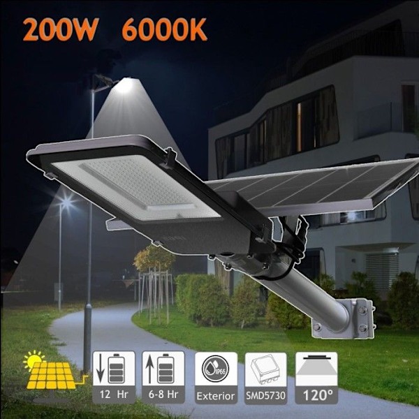 JANDEI - Solar gatubelysning 2500 Lumen 200W 6000K 25W litiumjon justerbar utomhuspanel