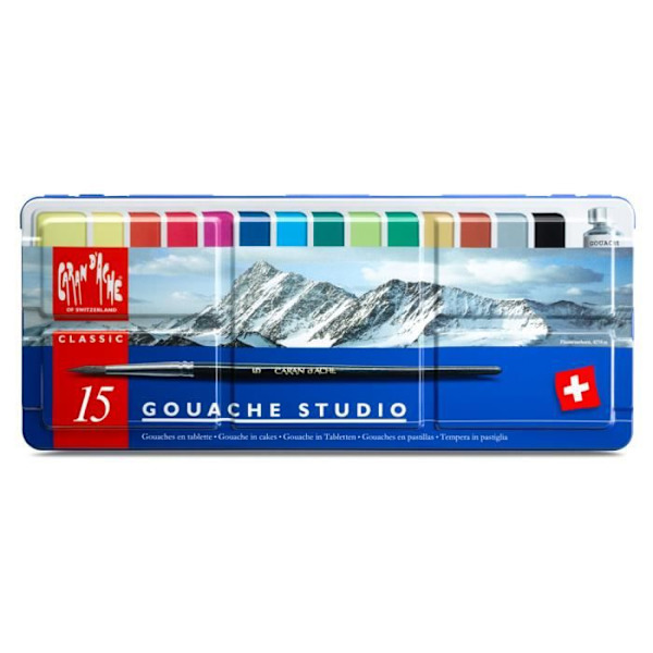 Caran d'Ache: Studio Gouache: Set med 14 kastruller och 10 ml vit