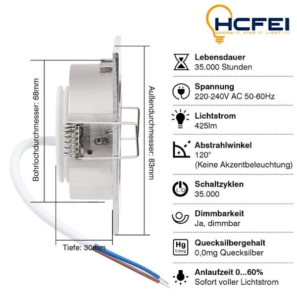 Hcfei Set med 3 fyrkantiga infällda led spotlights rostfritt stål justerbar borste ljus varm vit 3000K, 5W ekv. 50W