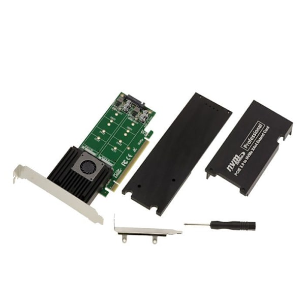 M2 PCIe 3.0 x16 styrkort för 4 M.2 NVMe M Key SSD:er. Hög och låg profil. ASM2824 chipset.