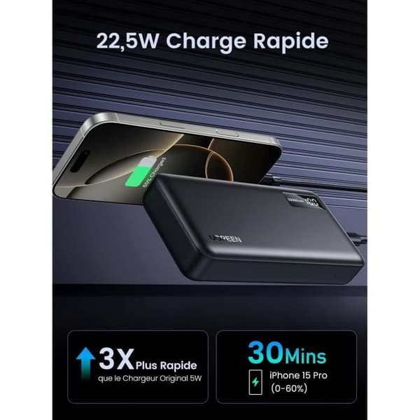 Extern Baterie - UGREEN - 20000mAh - 22.5W - Snabbladdning - LED-display