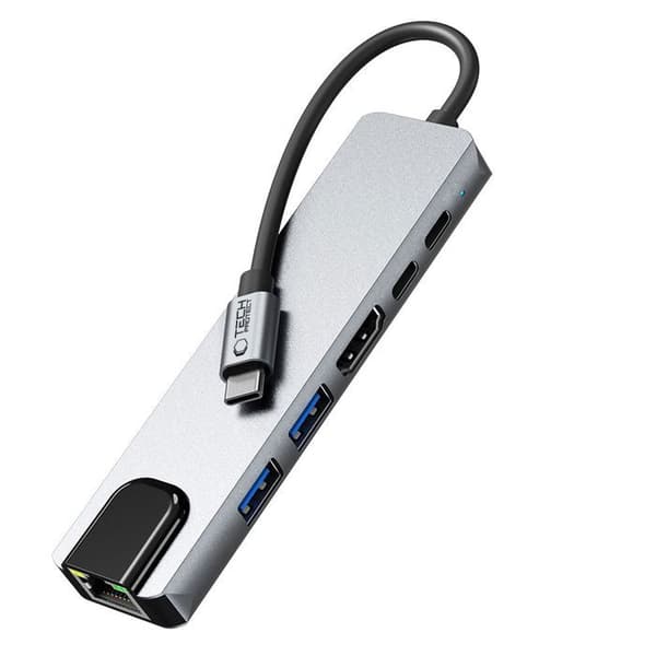 Adapter Hub 6 I 1 Tech-Protect Hb02 Typ-C + Usb 2.0 + Usb 3.0 + Hdmi 4K 30 Hz + Rj45 + Pd100 W Grå Sidereal