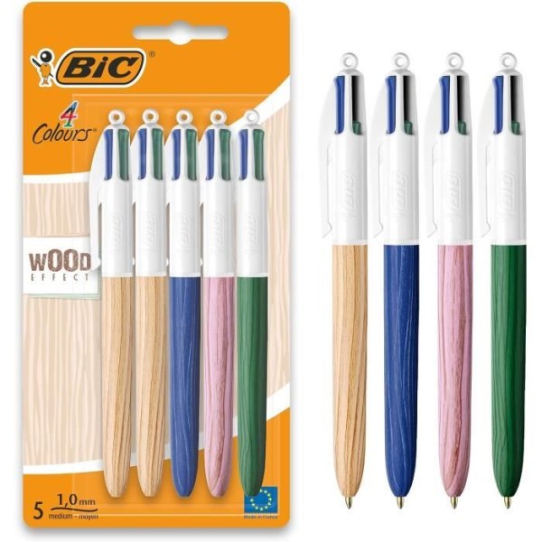 BIC 4 färger Trästil - Infällbara kulspetspennor Medium Point (1,0 mm) Träeffektdekor - Blister med 5