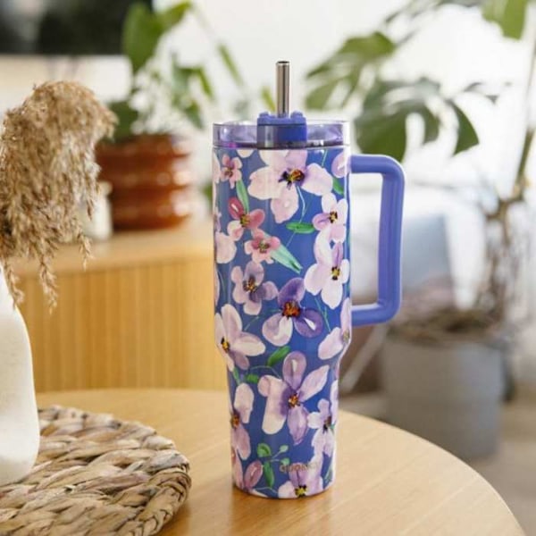 Isolerande kopp i rostfritt stål 1200 ml med sugrör (Flower Dusk) Quokka Stream