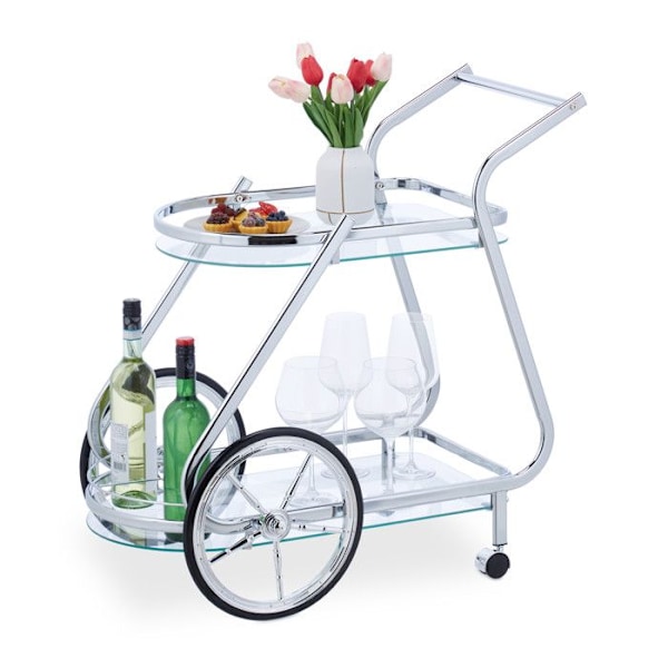 Relaxdays vagn, hjul och rullar, 2 våningar, glas och kromat järn, HLP: 76x76x46 cm, serveringsvagn, transparent-silver transparent, silver