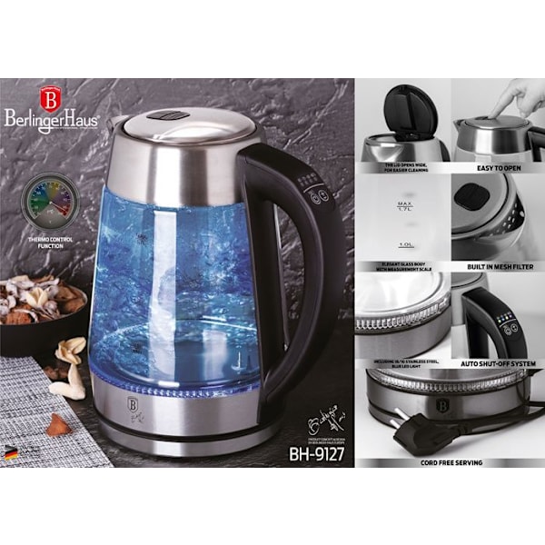 Elektrisk Kettle - BERLINGER HAUS - BH-9127 - 1,7L - Temperaturanpassning 60-100°C - Svängbar Bas transparent/svart/silver