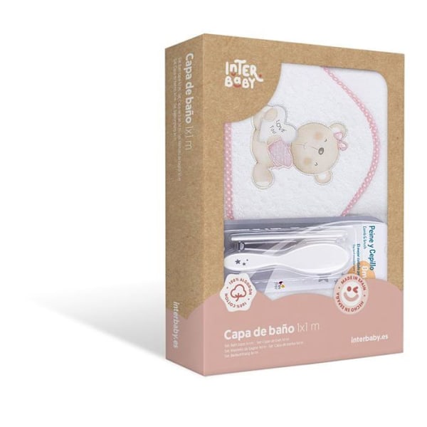 Interbaby - P1177-12 - Bath Cape 400 GSM bomullsfrotté + borste/kam Modell Love You Vit/Rosa 100 x 100 cm