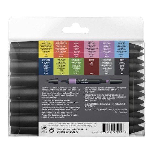 Feutrar - Promarker - 12 färger + 1 blender - Winsor och Newton - Ritning - Illustration Kanaryellow, glänzendes Orange, Rub