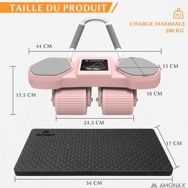 Abdominalhjul (Ab Roller) - AMONAX - Konvertibel - 2 stabilitetsinställningar - Bärbar och lätt - Rosa Pro Rose Pro