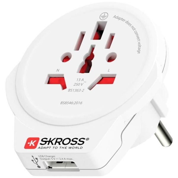 Reseadapter - SKROSS - World to Europe USB 1.0 - Vit - För utlandet - Anslutningstyp Vit