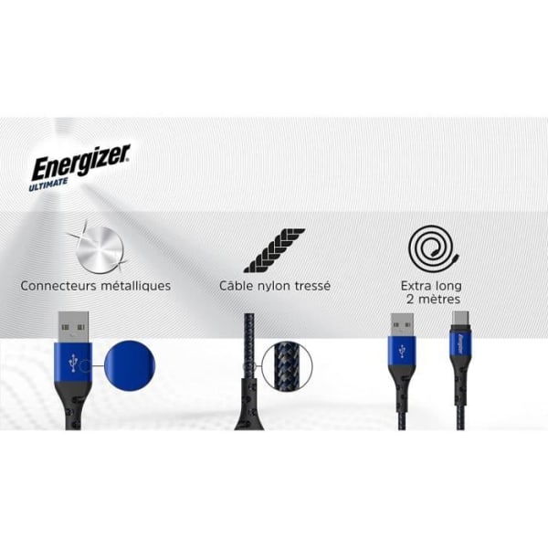 Energizer - Flätad USB-C-laddningskabel - Lång laddningskabel - Högt motstånd - Blå