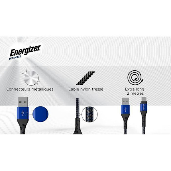 USB-C laddningskabel - ENERGIZER - Flätad - 2 m - Högt motstånd - Blå