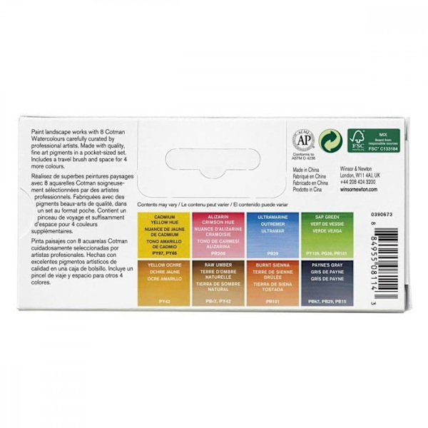 Set med ficka akvarell - WINSOR & NEWTON - 0390673 - 8 färger - Idealisk för landskap - Kompakt och lätt 8 färger