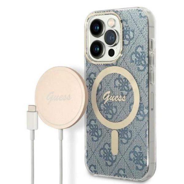 Guess Bundle Pack MagSafe 4G - Skalset för iPhone 14 Pro Max + MagSafe laddare (blå/guld) - 3666339102999