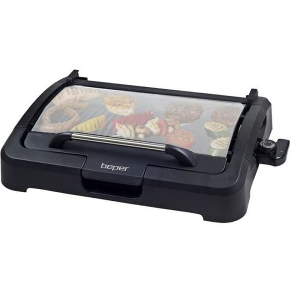 BEPER 90871 elektrisk grill - Avtagbart glaslock - Non-stick tallrik - Justerbar termostat - 2200W