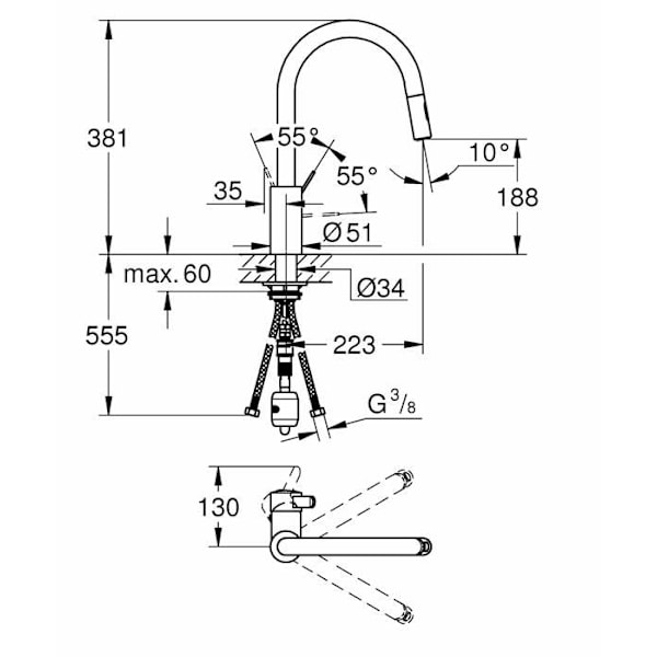 Grohe Eurosmart Cosmopolitan köksblandare med 2-stråle utdragbar spray, svanhals, krom