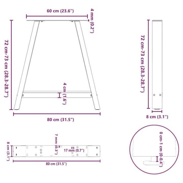 vidaXL A-formade matbordsben, 2 stycken, 80 x (72-73) cm, stål 4012859