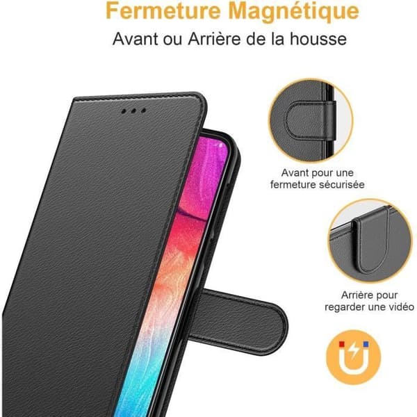 Etui Portefeuille - GENERIC - Samsung Galaxy A70 - Läder - Multifunktion - Videostöd Svart