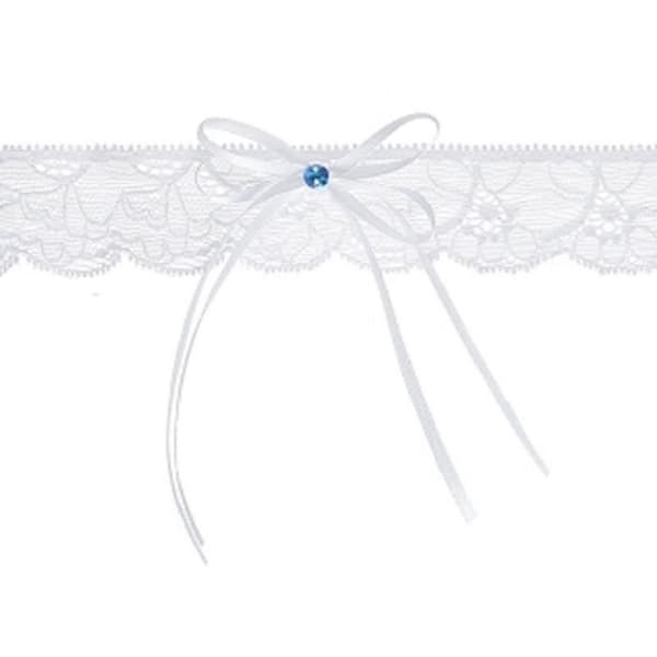 Vit spets strumpeband med blå strass satin rosett