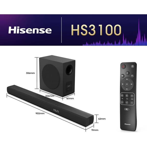 Ljudstång - HISENSE - Trådlös baslåda - Bluetooth - 3.1 CH - Max 480 W Svart