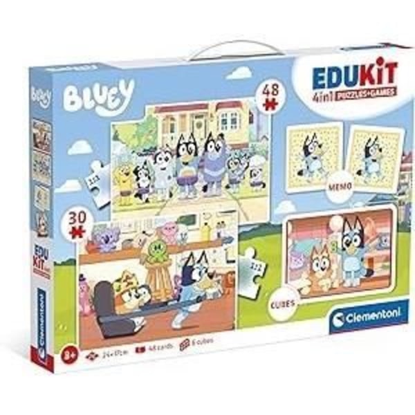 Clementoni - Edukit - Bluey - 4 i 1 inlärningslåda - 2 pussel, 1 memo, 1 set med 6 kuber - Tillverkad i Italien - från 4 år och uppåt Flerfärgad
