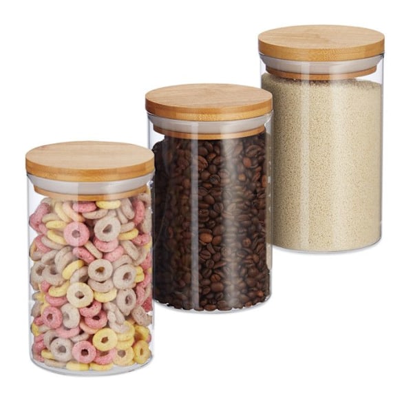 Relaxdays Glasförvaringslådor, set om 3, pasta, ris, flingor, kaffebönor, volym 800 ml, HxD 16x9,5 cm, transparent, ljusbrun