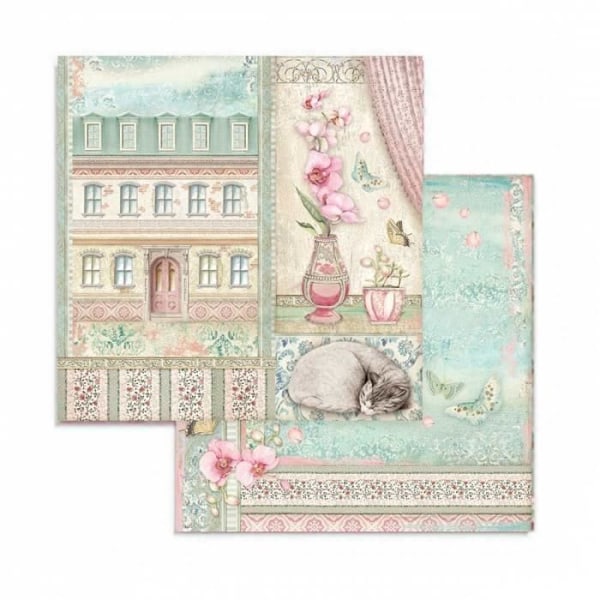 Scrapbookingpapper 'Orchids and Cats' - STAMPERIA - Set med 10 ark (20,3x20,3 cm) Orkidéer och katter
