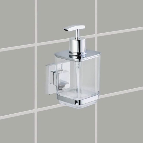 Väggmonterad dispenser för flytande tvål - WENKO - Quadro - Fixering utan borrning - Rostfritt stål - 330 ml Transparent och kromstål