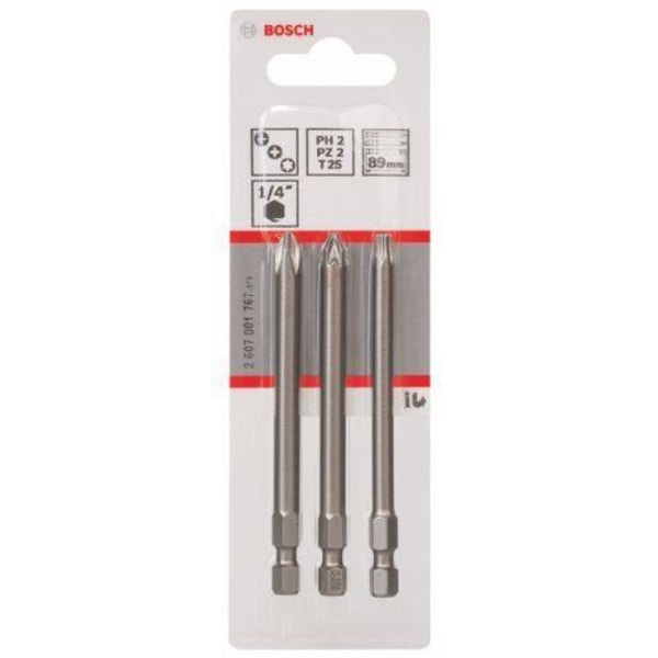 BOSCH Korta skruvmejselbits - Extra hård kvalitet - Set med 3 delar PH2 PZ2 T25 - Längd 89mm