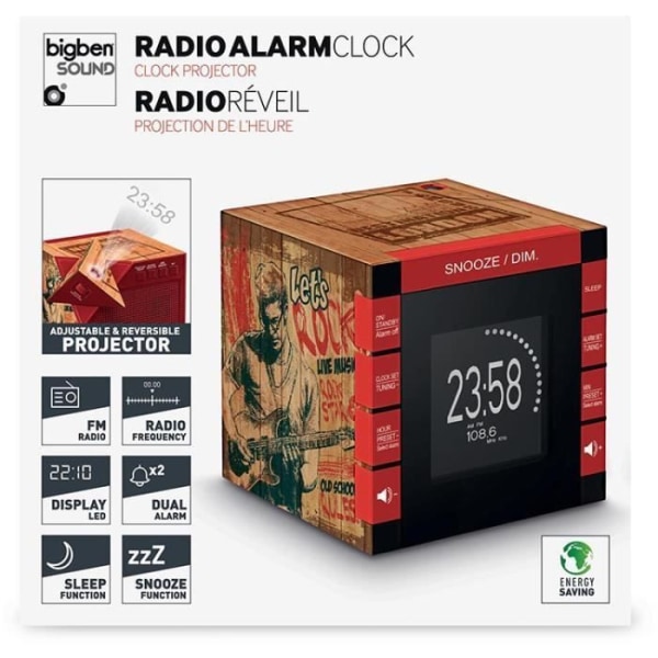 BIGBEN INTERACTIVE Radioklocka Cube Projektor Dekor Rock Wood