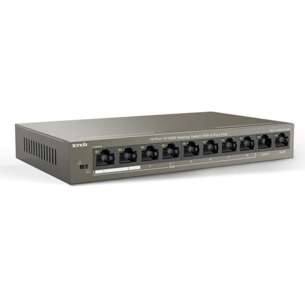TENDA Desktop Switch 9 Ports 10/100M Base, TX RJ45, 8 Port Poe Switch, 6KV Counter-Lightning, Plug&Play, TEF1109P-8-63W Svart